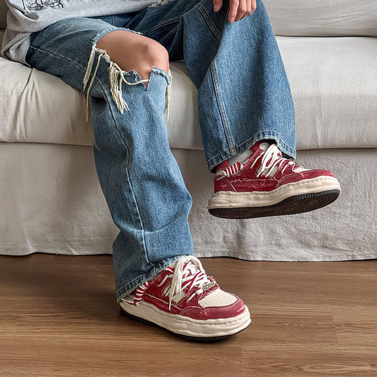 Thick soled fashionable versatile dissolving shoes red white sneakers
