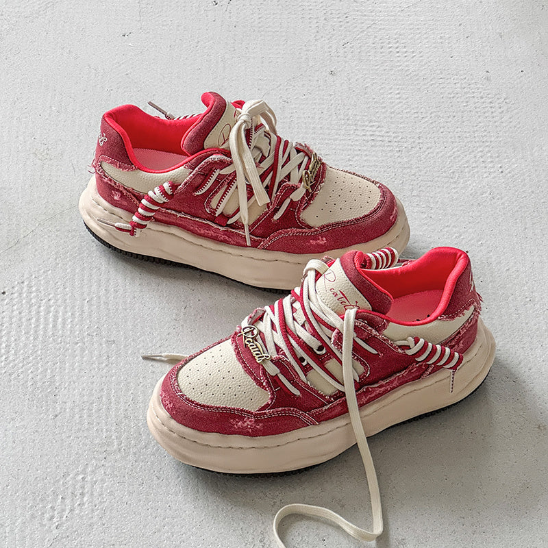 Thick soled fashionable versatile dissolving shoes red white sneakers