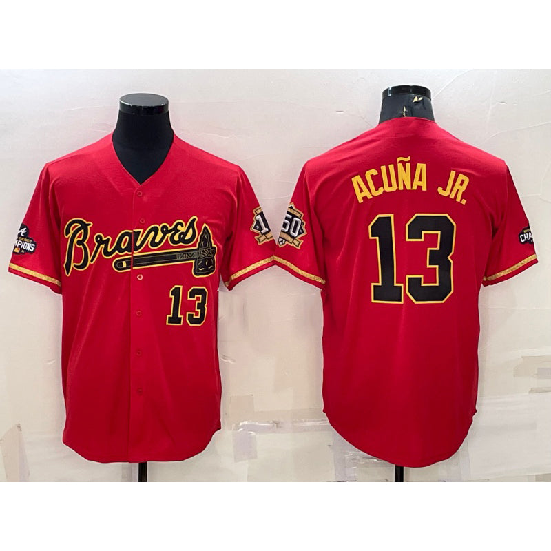 Atlanta Braves #13 Ronald Acuna Jr Red Gold World Series Champions Program Cool Base Stitched Baseball Jersey