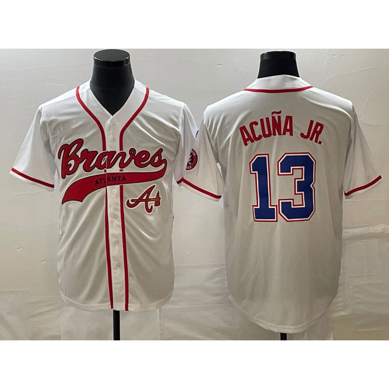 Atlanta Braves #13 Ronald Acuna Jr White Cool Base With Patch Stitched Baseball Jersey