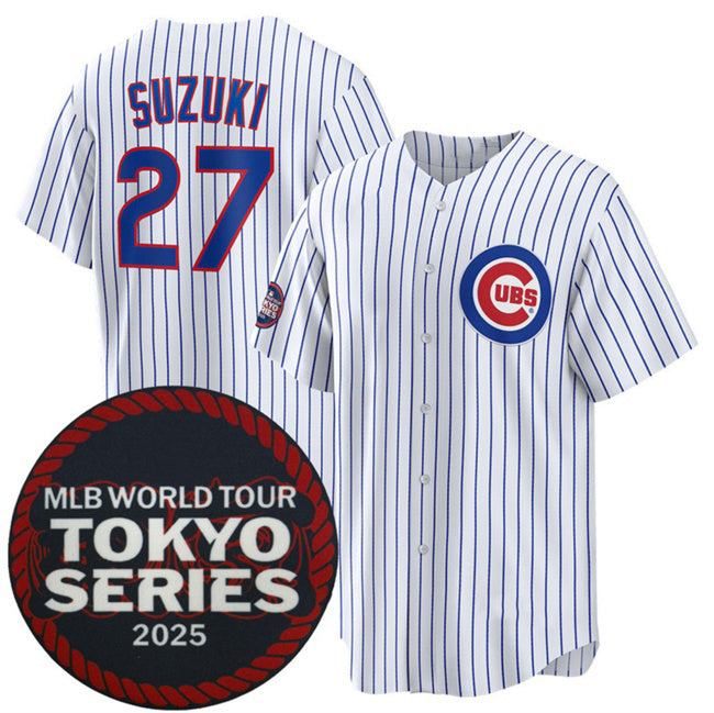 Chicago Cubs #27 Seiya Suzuki White 2025 World Tour Tokyo Series Home Stitched Baseball Jersey