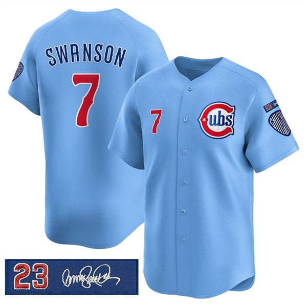 Chicago Cubs #7 Dansby Swanson Blue 'Ryne Sandberg Tribute' Vapor Limited V3 Stitched Baseball Jersey