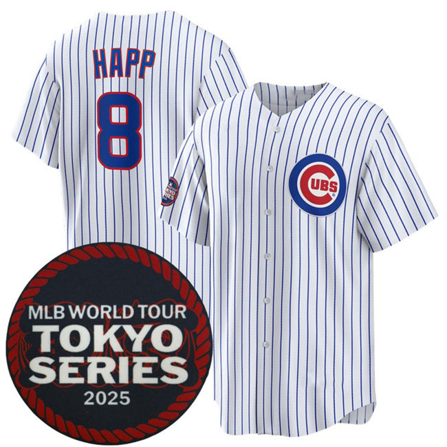 Chicago Cubs #8 Ian Happ White 2025 World Tour Tokyo Series Home Stitched Baseball Jersey