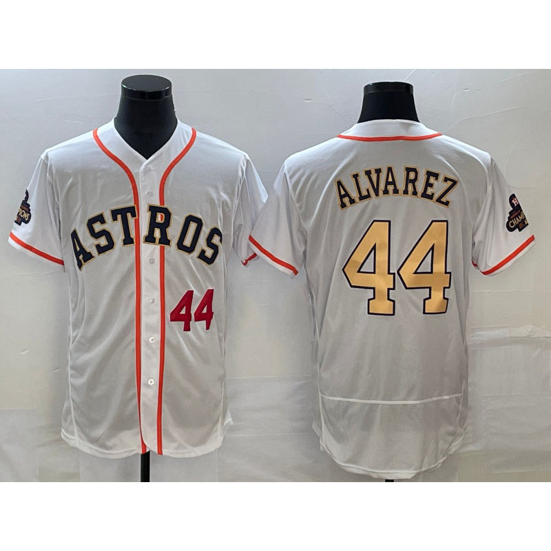 Houston Astros #44 Yordan Alvarez Number 2023 White Gold World Serise Champions Patch Flex Base Stitched Baseball Jersey