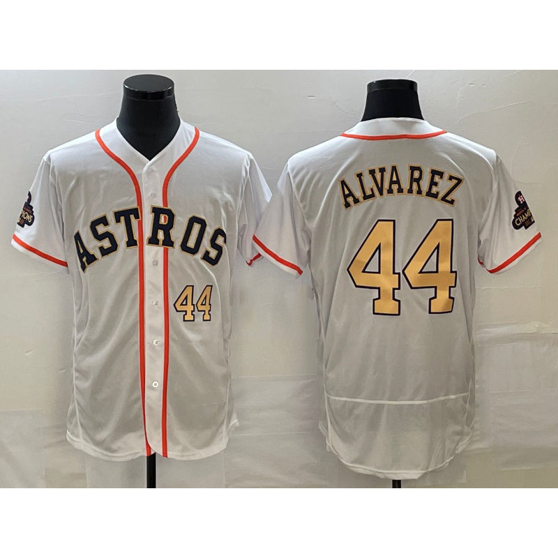 Houston Astros #44 Yordan Alvarez Number 2023 White Gold World Serise Champions Patch Flex Base Stitched Baseball Jersey