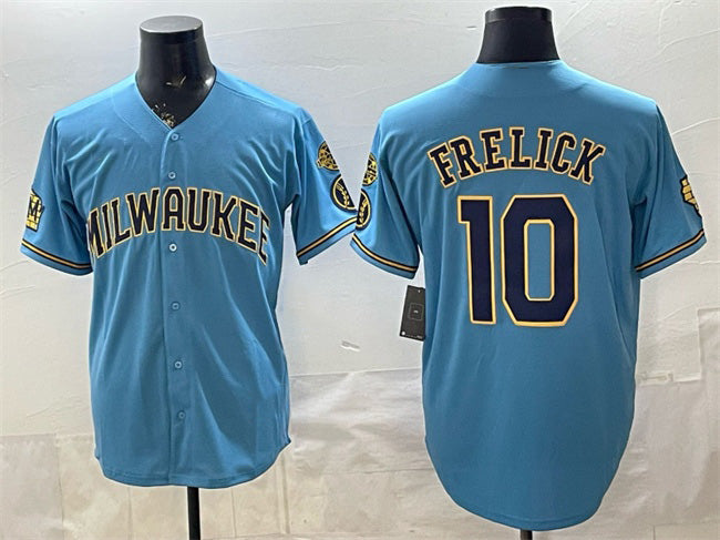 Milwaukee Brewers #10 Sal Frelick Blue With Home & Bob Uecker Patch Stitched Baseball Jersey
