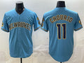 Milwaukee Brewers #11 Jackson Chourio Blue With Home & Bob Uecker Patch Stitched Baseball Jersey