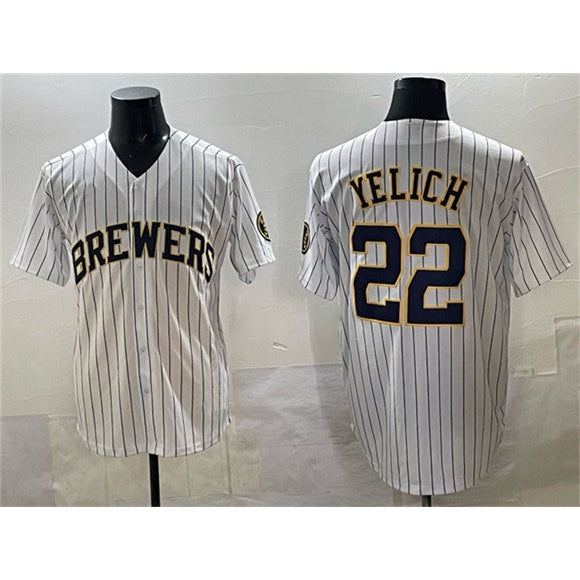 Milwaukee Brewers #22 Christian Yelich White Pinstripe 2025 With Patch Stitched Baseball Jersey