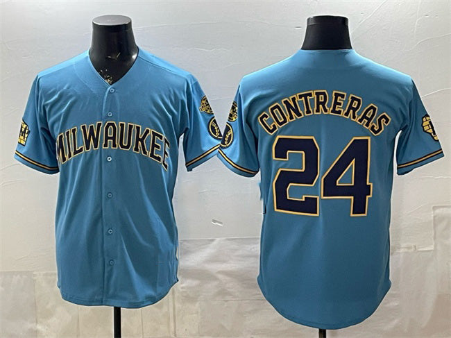 Milwaukee Brewers #24 William Contreras Blue With Home & Bob Uecker Patch Stitched Baseball Jersey