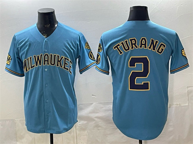 Milwaukee Brewers #2 Brice Turang Blue With Home & Bob Uecker Patch Stitched Baseball Jersey