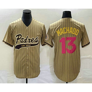 San Diego Padres #13 Manny Machado Tan Pinstripe 2023 City Connect Cool Base Stitched Baseball Jersey