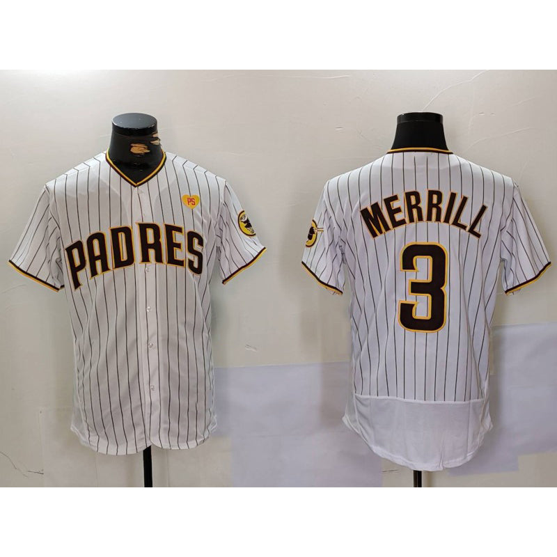San Diego Padres #3 Jackson Merrill White With PS Patch Stitched Flex Baseball Jersey