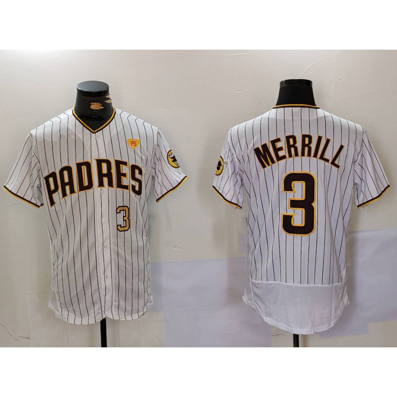 San Diego Padres #3 Jackson Merrill White With PS Patch Stitched Flex Baseball Jersey