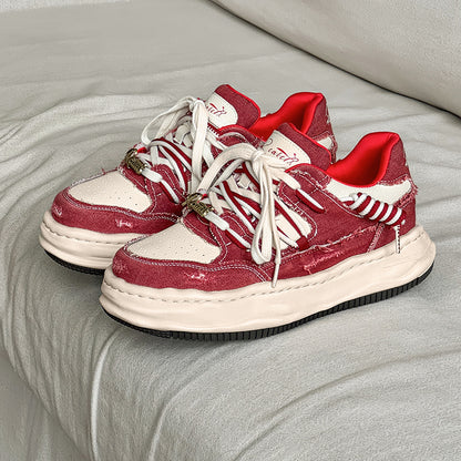 Thick soled fashionable versatile dissolving shoes red white sneakers