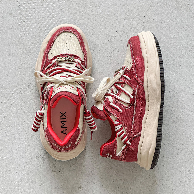 Thick soled fashionable versatile dissolving shoes red white sneakers