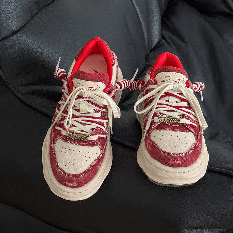 Thick soled fashionable versatile dissolving shoes red white sneakers