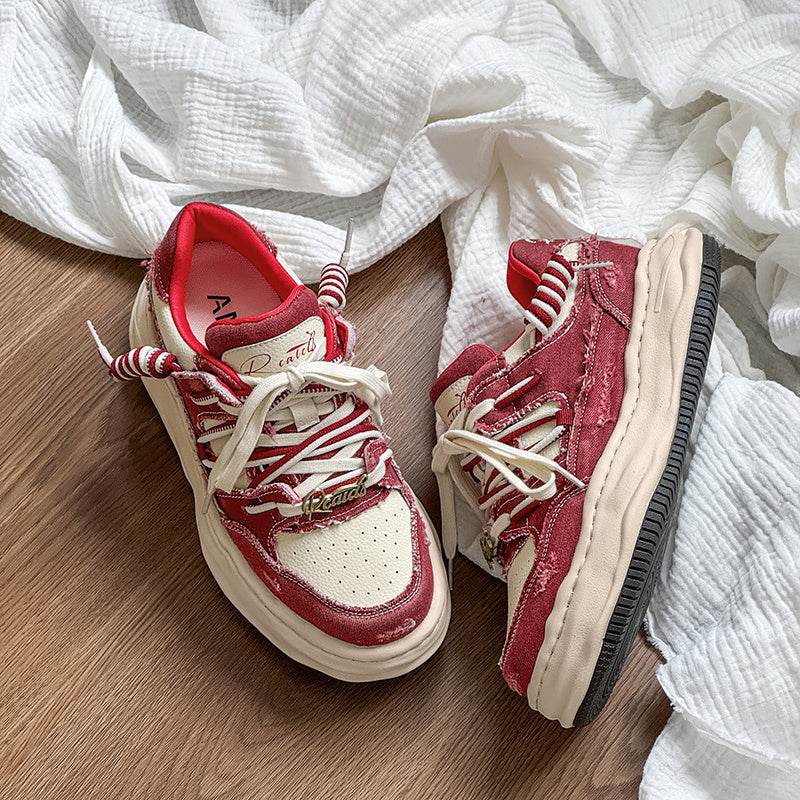 Thick soled fashionable versatile dissolving shoes red white sneakers