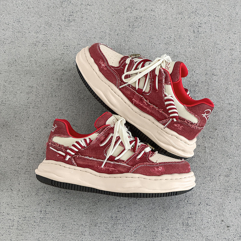 Thick soled fashionable versatile dissolving shoes red white sneakers